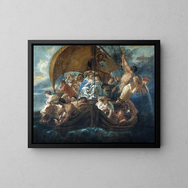 La Sainte Famille med forskellige personer og dyr i en båd - Jacob Jordaens — indrammet kunstværk på væggen