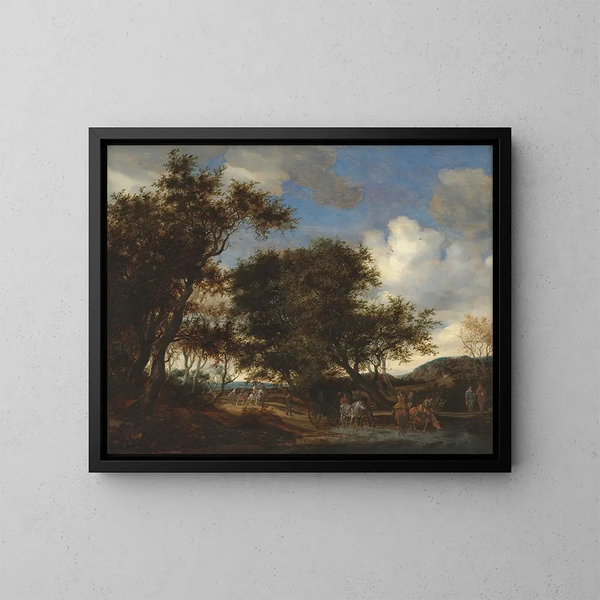 Landskabsmaleri med rejsende, der giver deres heste vand - Jacob Salomonsz van Ruysdael — indrammet kunstværk på væggen