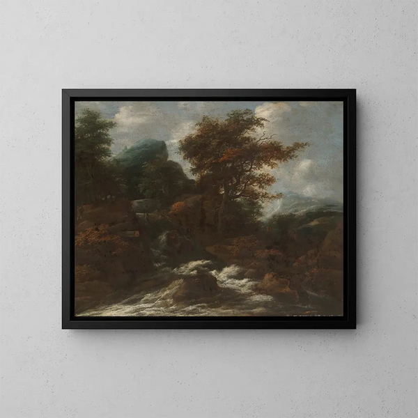 Landskabsmaleri med vandfald - Jacob Salomonsz van Ruysdael — indrammet kunstværk på væggen