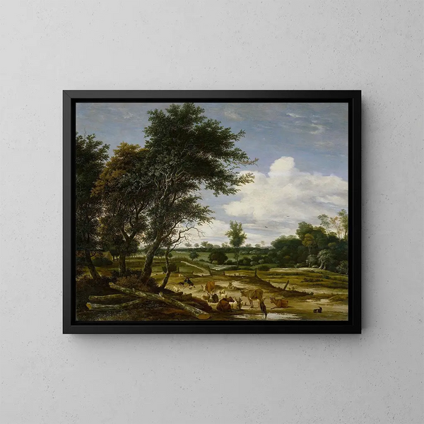 Landskabsmaleri med hyrder og kvæg - Jacob Salomonsz van Ruysdael — indrammet kunstværk på væggen
