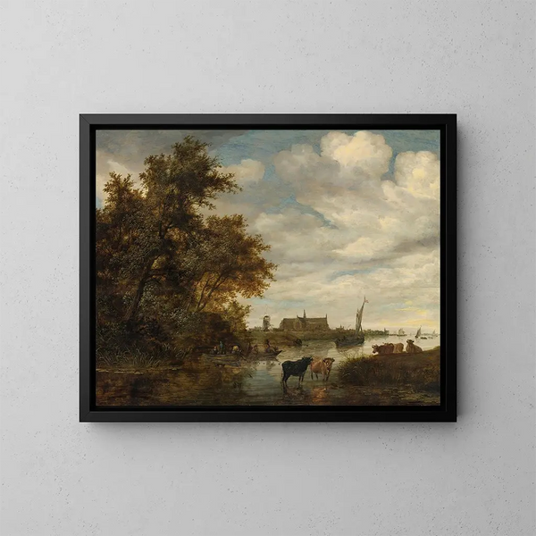 Landskab med flod, fiskere og husdyr, Grote Kerk kirken i Alkmaar i det fjerne - Jacob Salomonsz van Ruysdael — indrammet kunstværk på væggen