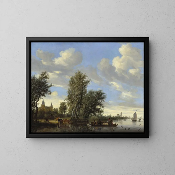 Landskabsbillede med flod og båd - Jacob Salomonsz van Ruysdael — indrammet kunstværk på væggen