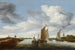 Landskabslandskab med sejlskibe og barge trukket af heste - Jacob Salomonsz van Ruysdael — visning af kunstværket