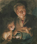 En gammel kvinde og en dreng, der varmer hænderne - Jacob de Wit — visning af kunstværket