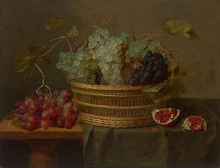 Jacob van Hulsdonck - A basket of grapes and a pomegranate on a table.webp