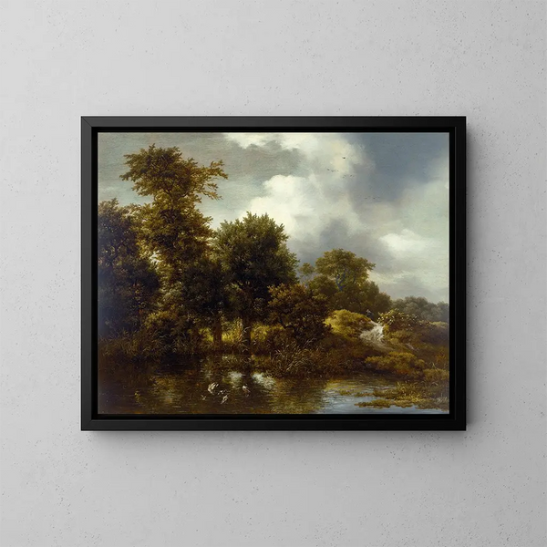 Et skovlandskab med en dam - Jacob van Ruisdael — indrammet kunstværk på væggen