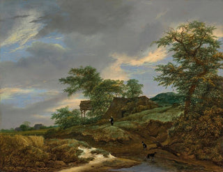 Et skovlandskab med en mand og to hunde på en sti, en hytte i det fjerne - Jacob van Ruisdael — visning af kunstværket