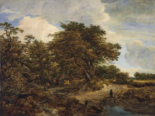 Et skovlandskab med hytter og en figur ledsaget af hunde på en jordvej - Jacob van Ruisdael — visning af kunstværket
