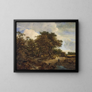 Et skovlandskab med hytter og en figur ledsaget af hunde på en jordvej - Jacob van Ruisdael — indrammet kunstværk på væggen