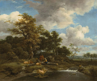 Jacob van Ruisdael - A wooded river landscape with shepherds and their flock.webp