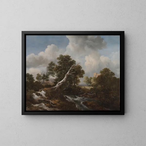 Cascade basse i et skovlandskab med en død bøg - Jacob van Ruisdael — indrammet kunstværk på væggen