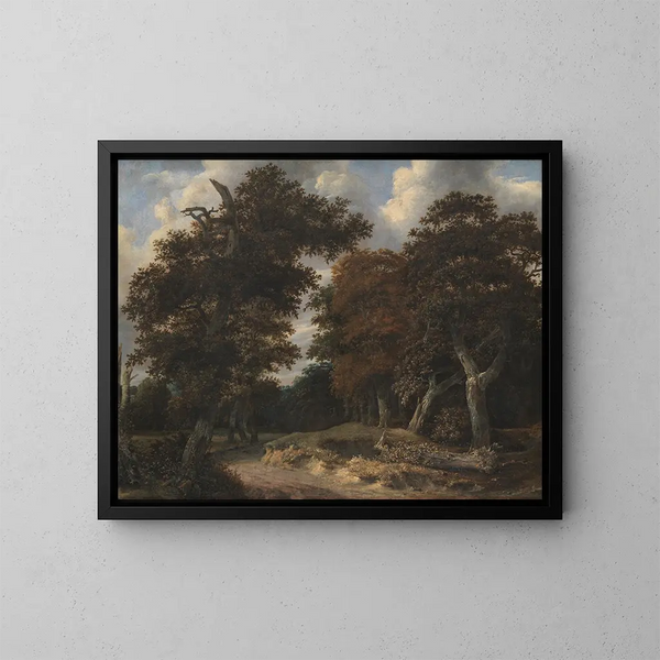 "Route gennem en egenskov" - Jacob van Ruisdael — indrammet kunstværk på væggen