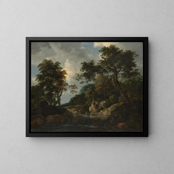 Jacob van Ruisdael | Maleri af den skovrige bæk — indrammet kunstværk på væggen