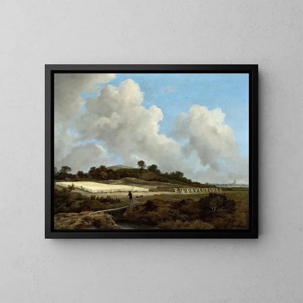 et hvedeudbygningsbillede med en by i det fjerne - Jacob van Ruisdael — indrammet kunstværk på væggen