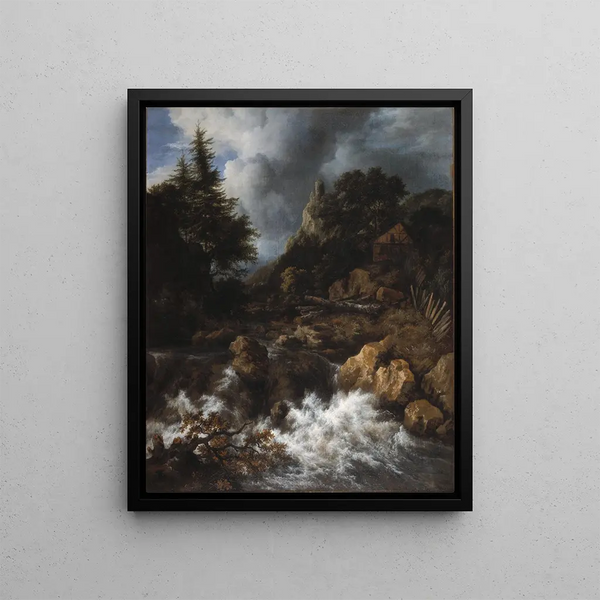 Jacob van Ruisdael - Waterfall with a HalfTimbered House and Castle.webp