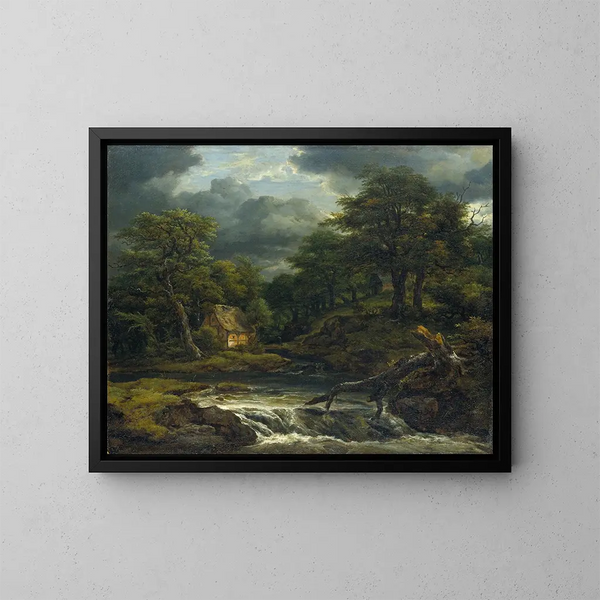 Landskabslandskab med vandfald og forestående tordenvejr - Jacob van Ruisdael — indrammet kunstværk på væggen