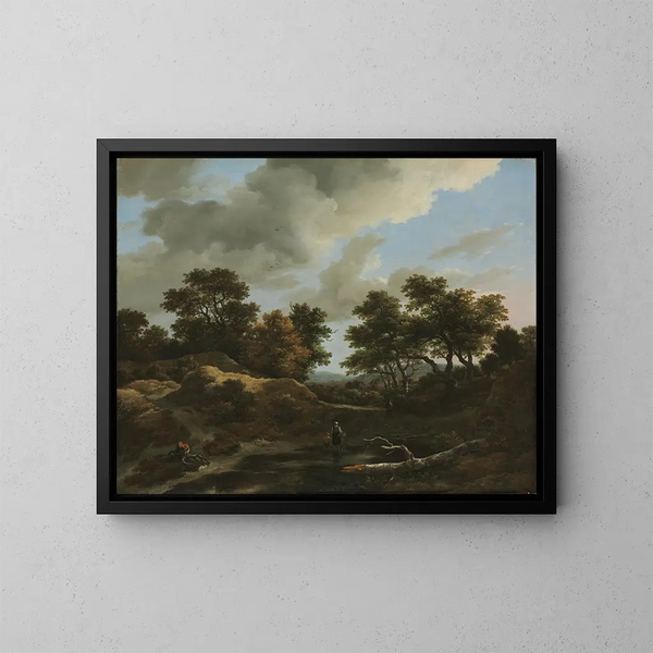Landskab med skov og bakket terræn - Jacob van Ruisdael — indrammet kunstværk på væggen