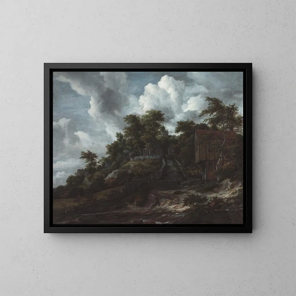den skovklædte bakke med udsigt over Bentheim-slottet - Jacob van Ruisdael — indrammet kunstværk på væggen