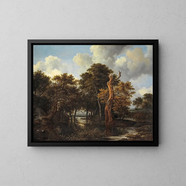 Landskabsbillede med sumpområde i træ med et dødt træ - Jacob van Ruisdael — indrammet kunstværk på væggen