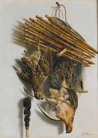 Jacobus Biltius - A Trompe Loeil Still Life With Two Quails A BirdNet And A Whistle.webp