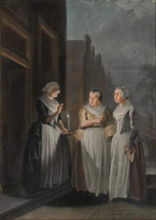 Jacobus Buys - Three women talking at night in a Dutch city one holding a candle.webp