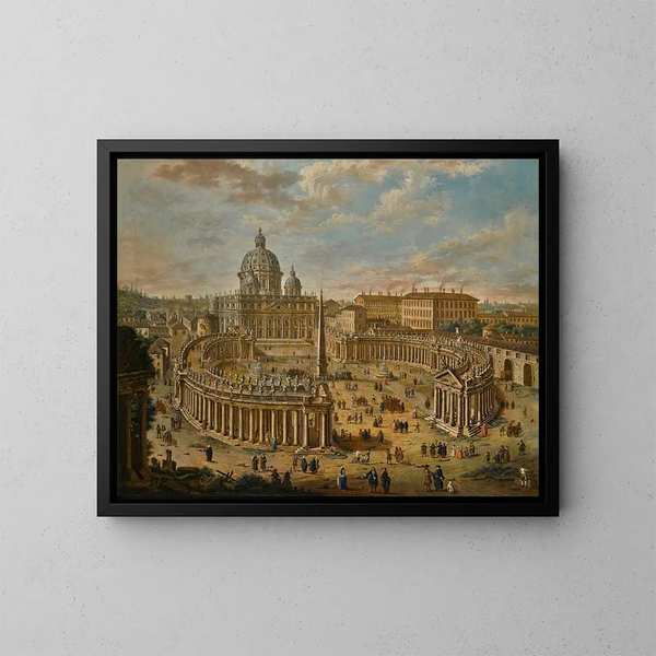 Panoramisk Maleri af Peterspladsen med basilikaen i baggrunden - Jacopo Fabris — indrammet kunstværk på væggen