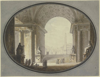 et maleri set gennem en hvælvet bue med indramning på et torv inspireret af Peterspladsen i Rom, med en bygning, der ligner det romerske Pantheon, i toppen. - Jacques-François Blondel — visning af kunstværket