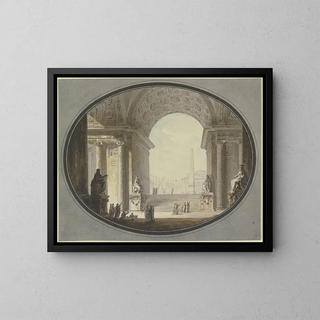 et maleri set gennem en hvælvet bue med indramning på et torv inspireret af Peterspladsen i Rom, med en bygning, der ligner det romerske Pantheon, i toppen. - Jacques-François Blondel — indrammet kunstværk på væggen