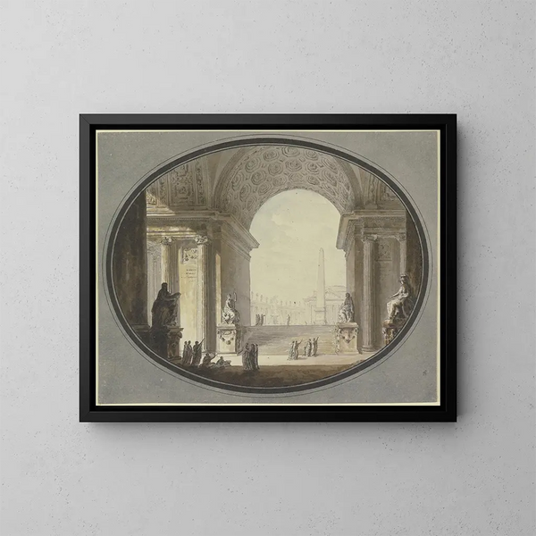 et maleri set gennem en hvælvet bue med indramning på et torv inspireret af Peterspladsen i Rom, med en bygning, der ligner det romerske Pantheon, i toppen. - Jacques-François Blondel — indrammet kunstværk på væggen