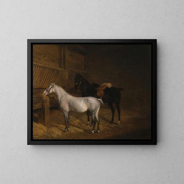 En grå pony og en sort hest i en stald - Jacques-Laurent Agasse — indrammet kunstværk på væggen