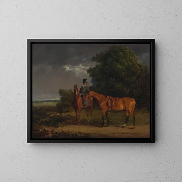 En gift mand på en jagthest i kastanjefarvet, der holder en brun hest i tøjler - Jacques-Laurent Agasse — indrammet kunstværk på væggen