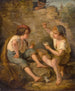 to drenge, der spiller kort, observeret af en lærer bag den stenmur - Jacques Alfred van Muyden — visning af kunstværket