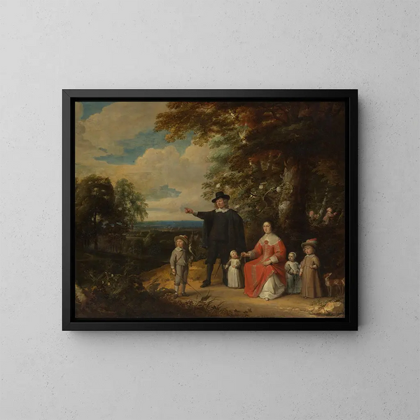 Familiegruppe i et landskab - Jacques d'Arthois — indrammet kunstværk på væggen
