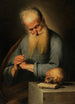 Ældre mand i bøn, der betragter et kranium - Jacques Rousseau — visning af kunstværket