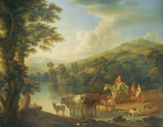 Jakob Philipp Hackert - A Wooded River Landscape With A Woman On A Grey Horse With Animals Watering.webp