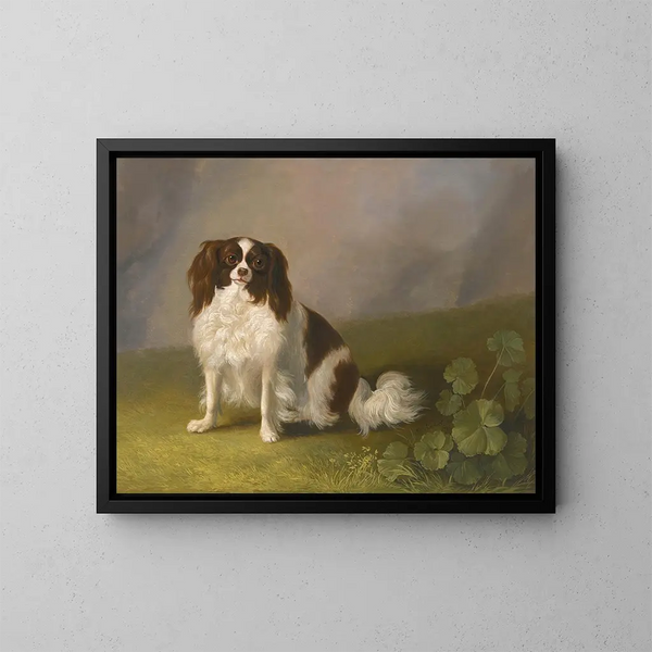 Portrait af en King Charles Spaniel i et landskab - Jakob Philipp Hackert — indrammet kunstværk på væggen