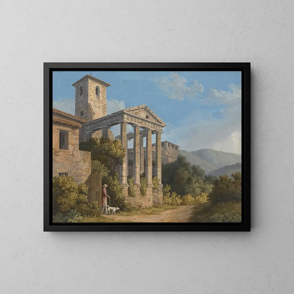 maleriet Le temple d'Hercule à Cori près de Velletri - Jakob Philipp Hackert | Reproduction — indrammet kunstværk på væggen