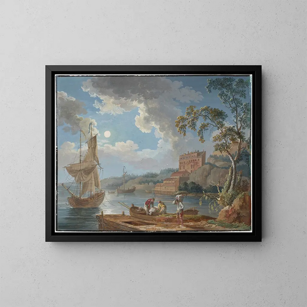 Vue de la poterie de Marieberg près de Stockholm avec des bateaux et des pêcheurs - Jakob Philipp Hackert — indrammet kunstværk på væggen