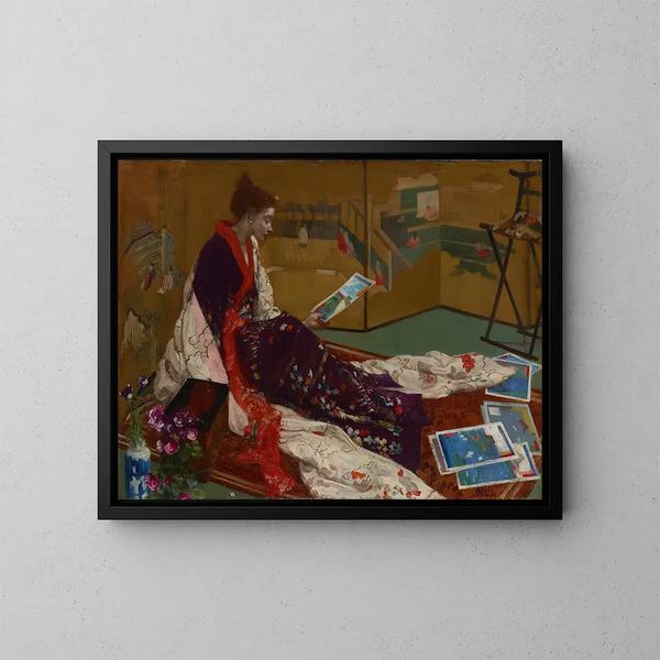 Caprice i lilla og guld: L'gyldne skærm - James Abbott McNeill Whistler — indrammet kunstværk på væggen