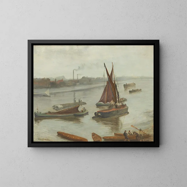 Gråt og sølv maleri, det gamle Battersea Reach - James Abbott McNeill Whistler — indrammet kunstværk på væggen