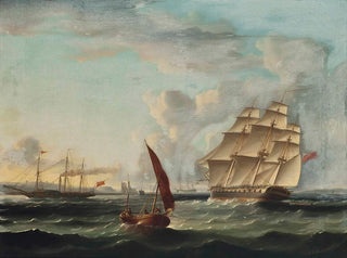 Frégate, der nærmer sig Tagers udmunding med en damper, der passerer Belém-tårnet i Lissabon - James Edward Buttersworth — visning af kunstværket