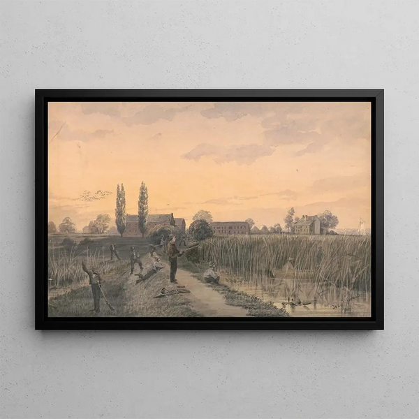 James Fuller Queen - Bird hunting party on a levee with marsh grasses along the shore.webp