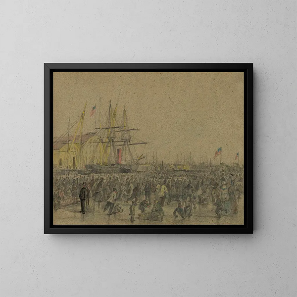 Scène sur la rivière Delaware à Philadelphie pendant l'hiver rigoureux de 1856 - James Fuller Queen — indrammet kunstværk på væggen