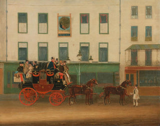 James Pollard - The LondonManchester Stage Coach the Peveril of the Peak outside the Peacock Inn Islington.webp