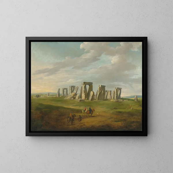 Stonehenge med en vogn og rejsende til hest - James Ross — indrammet kunstværk på væggen