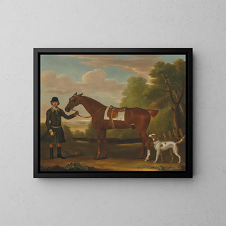 James Seymour - Lord Portmores Snap a saddled chestnut hunter held by a groom with a setter in a landscape.webp