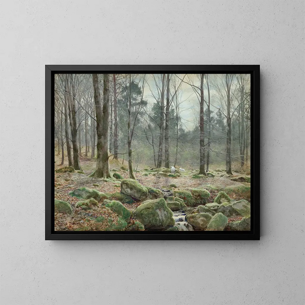 Solrigt aprilmorgen-maleri i Betws-y-Coed, Nordwales - James Thomas Watts — indrammet kunstværk på væggen