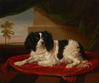 En king charles spaniel på en rød pude - James Ward — visning af kunstværket