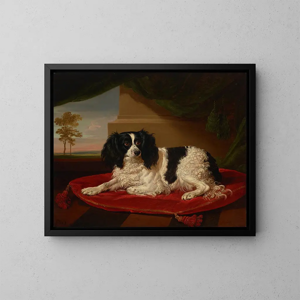 En king charles spaniel på en rød pude - James Ward — indrammet kunstværk på væggen