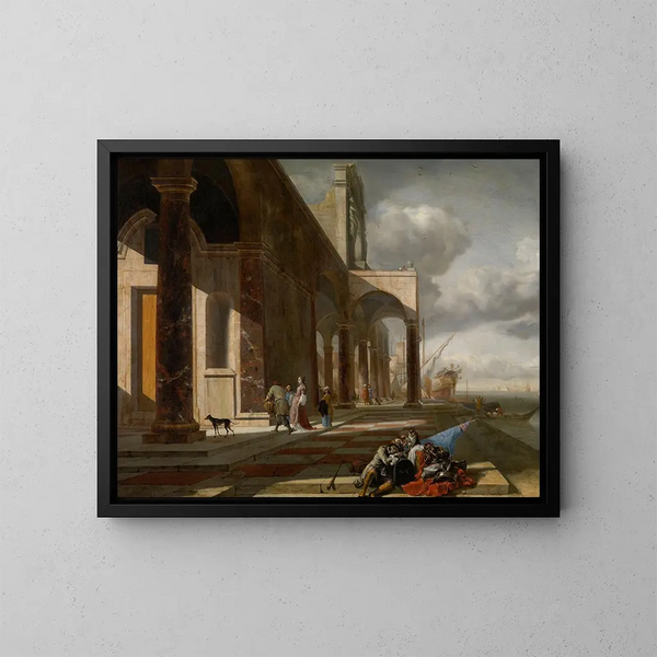 En italiensk havnefront - Jan Baptist Weenix — indrammet kunstværk på væggen